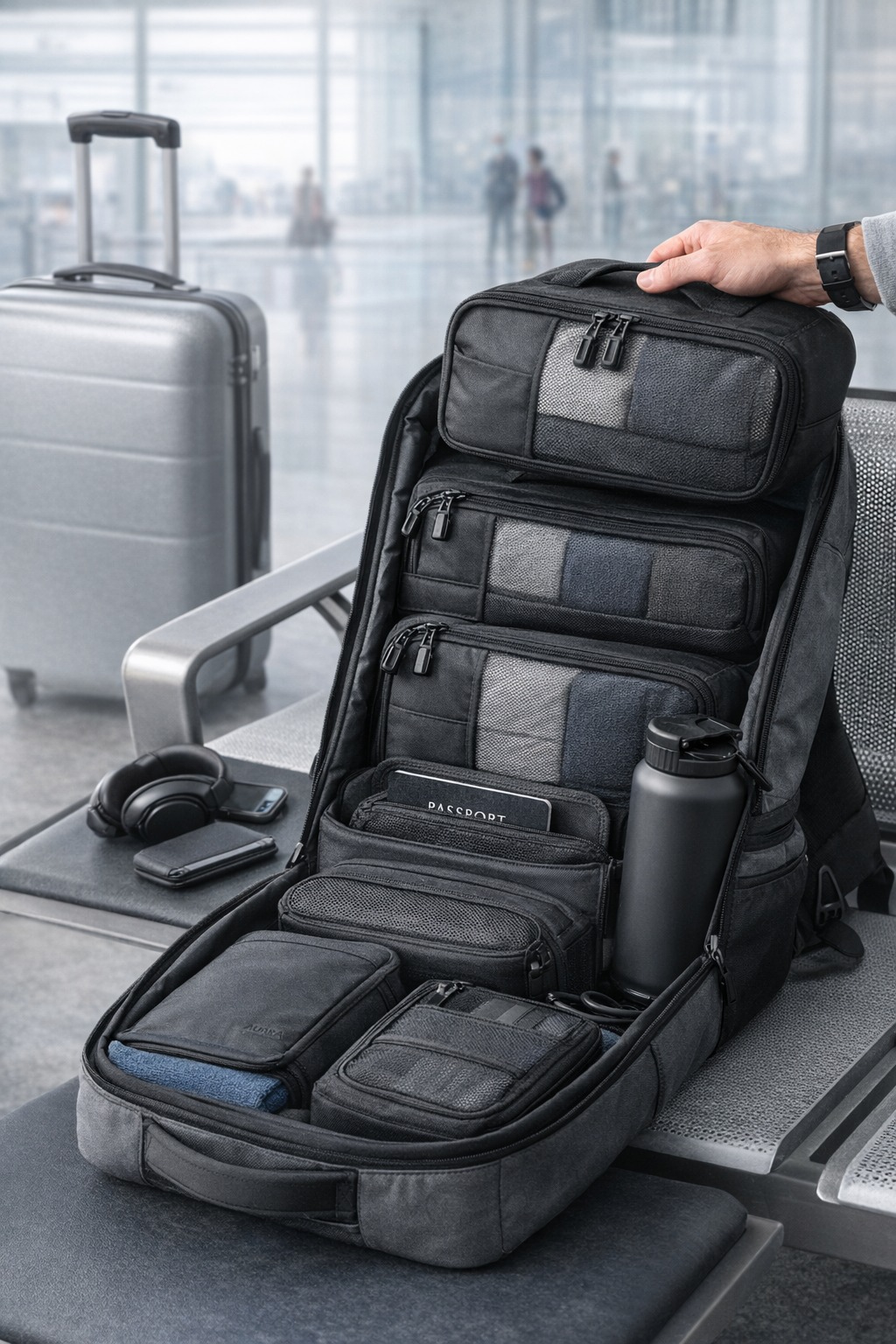 Backpack open with organized compartments